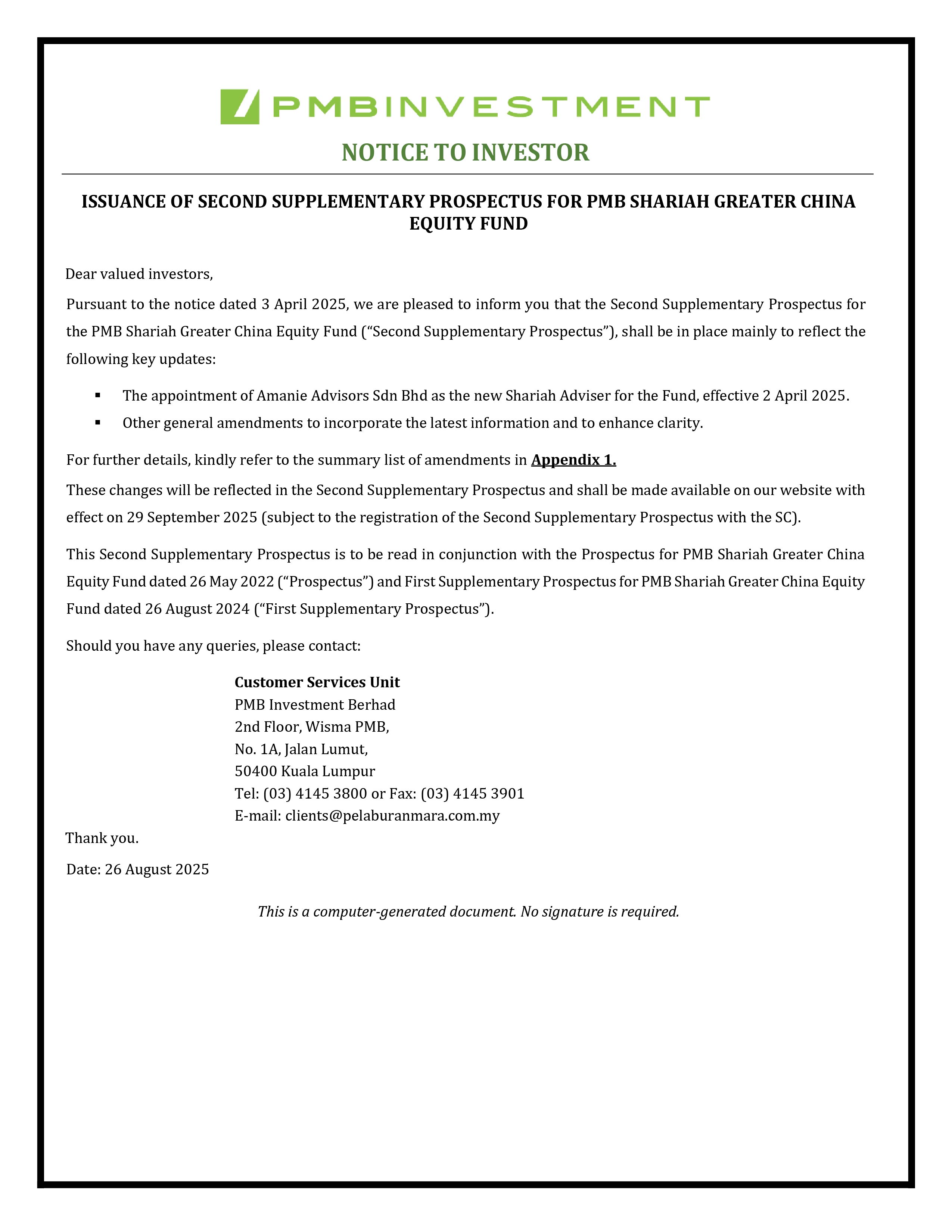 NOTICE - ISSUANCE OF SECOND SUPPLEMENTARY PROSPECTUS FOR PMB SHARIAH ...