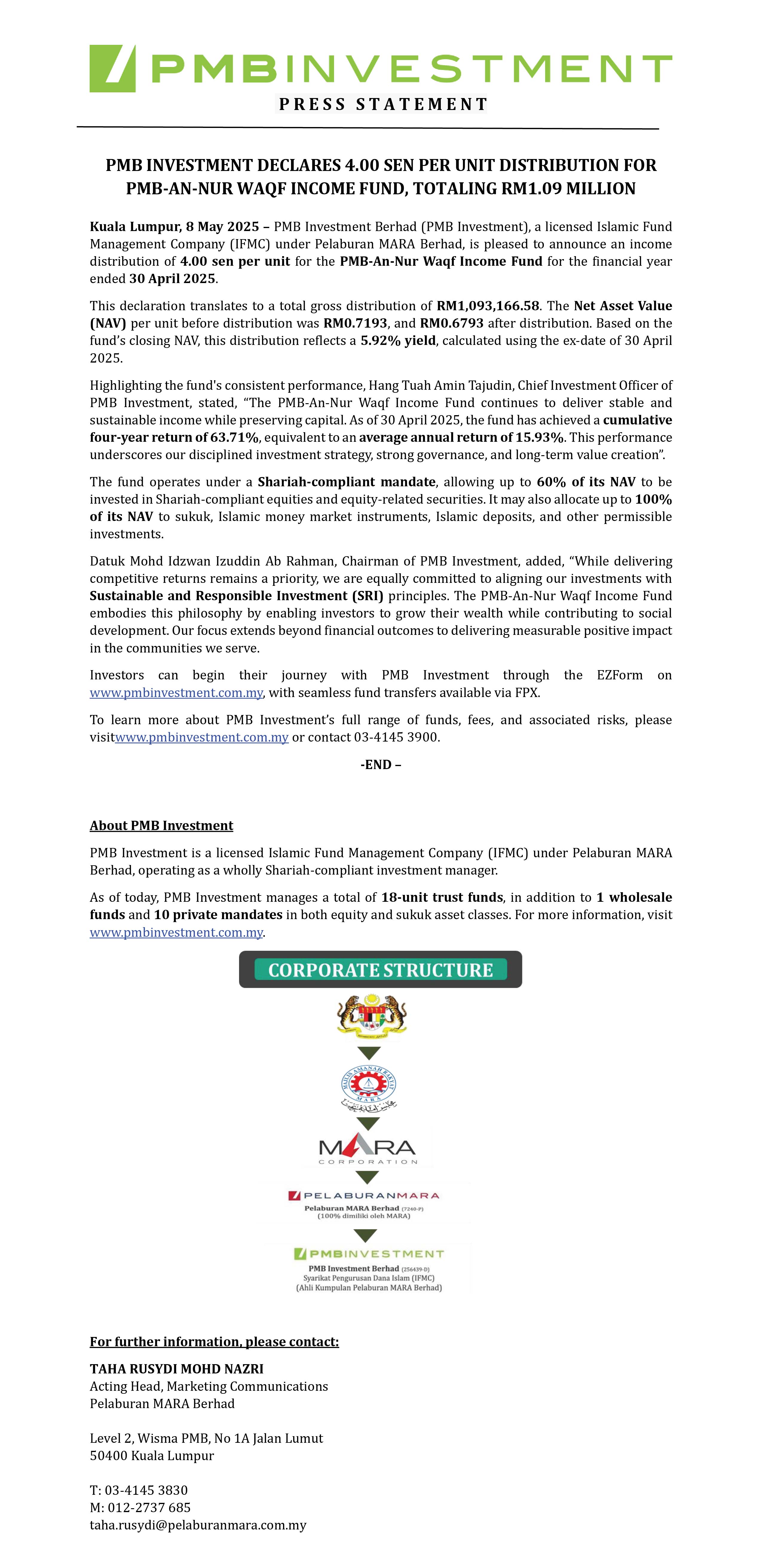PRESS STATEMENT - PMB Investment Declares 4.00 Sen Per Unit ...