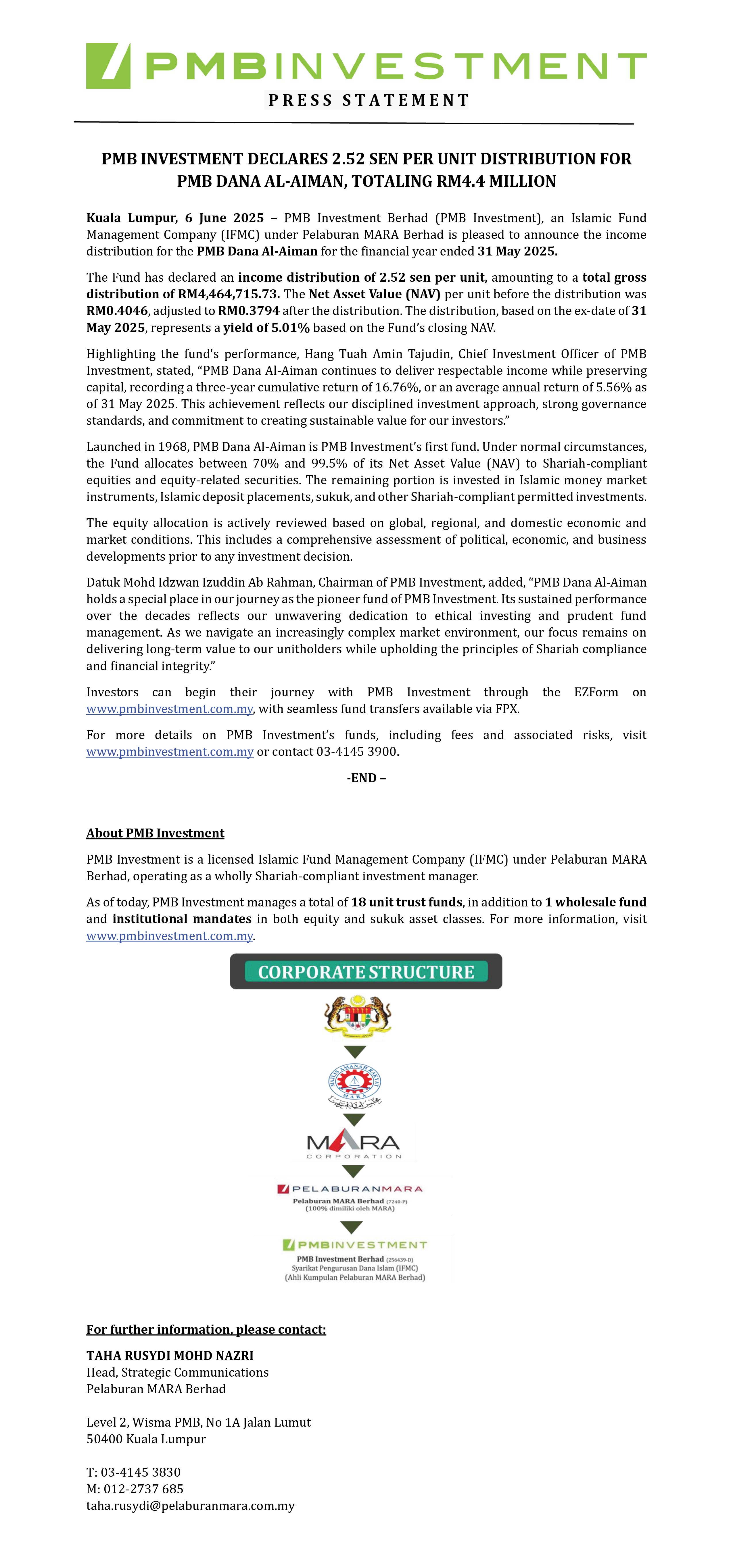 PRESS STATEMENT - PMB Investment Declares 2.52 Sen Per Unit ...