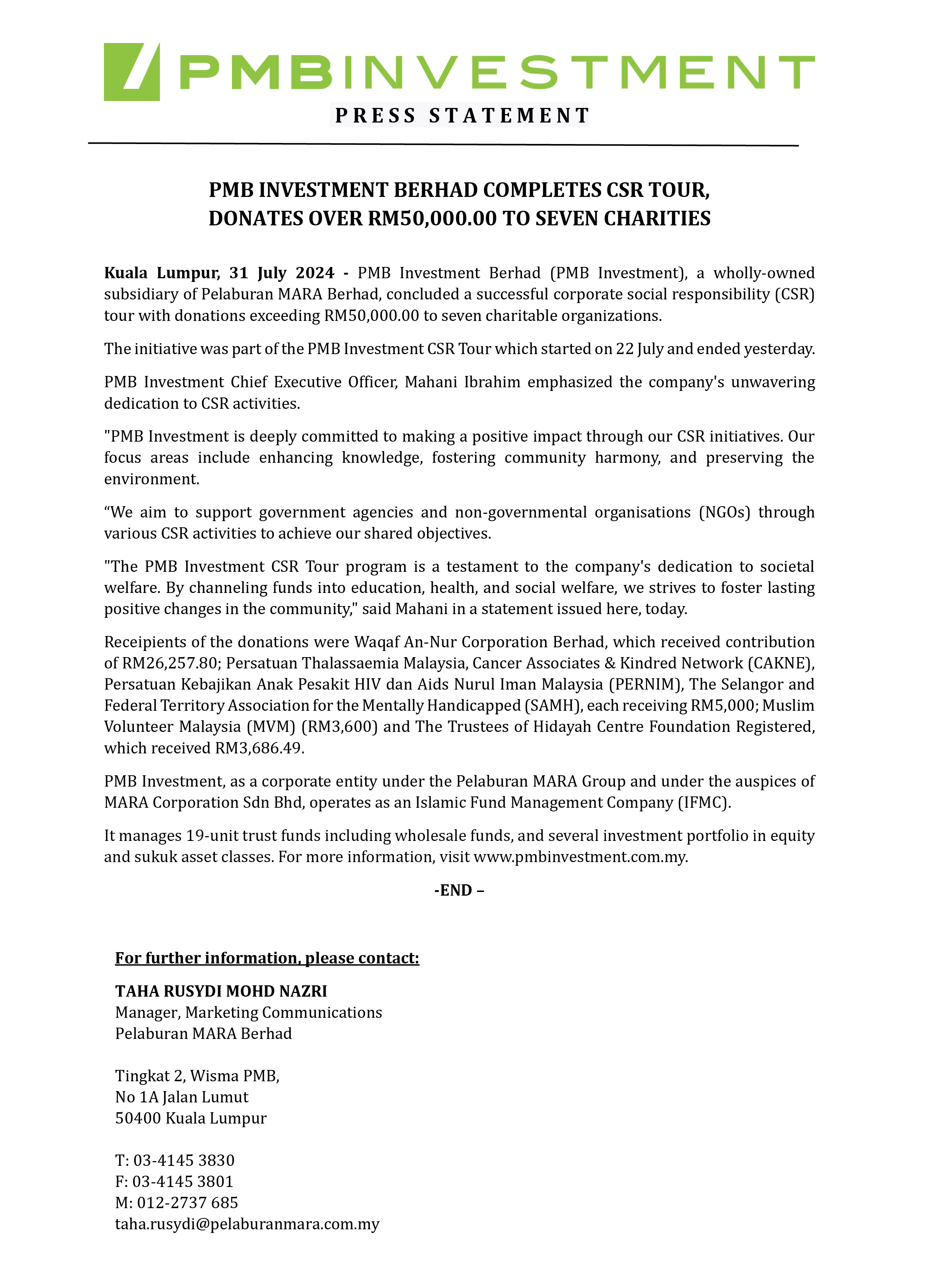Pmb PRESS STATEMENT - PMB Investment Berhad Completes CSR Tour, Donates ...
